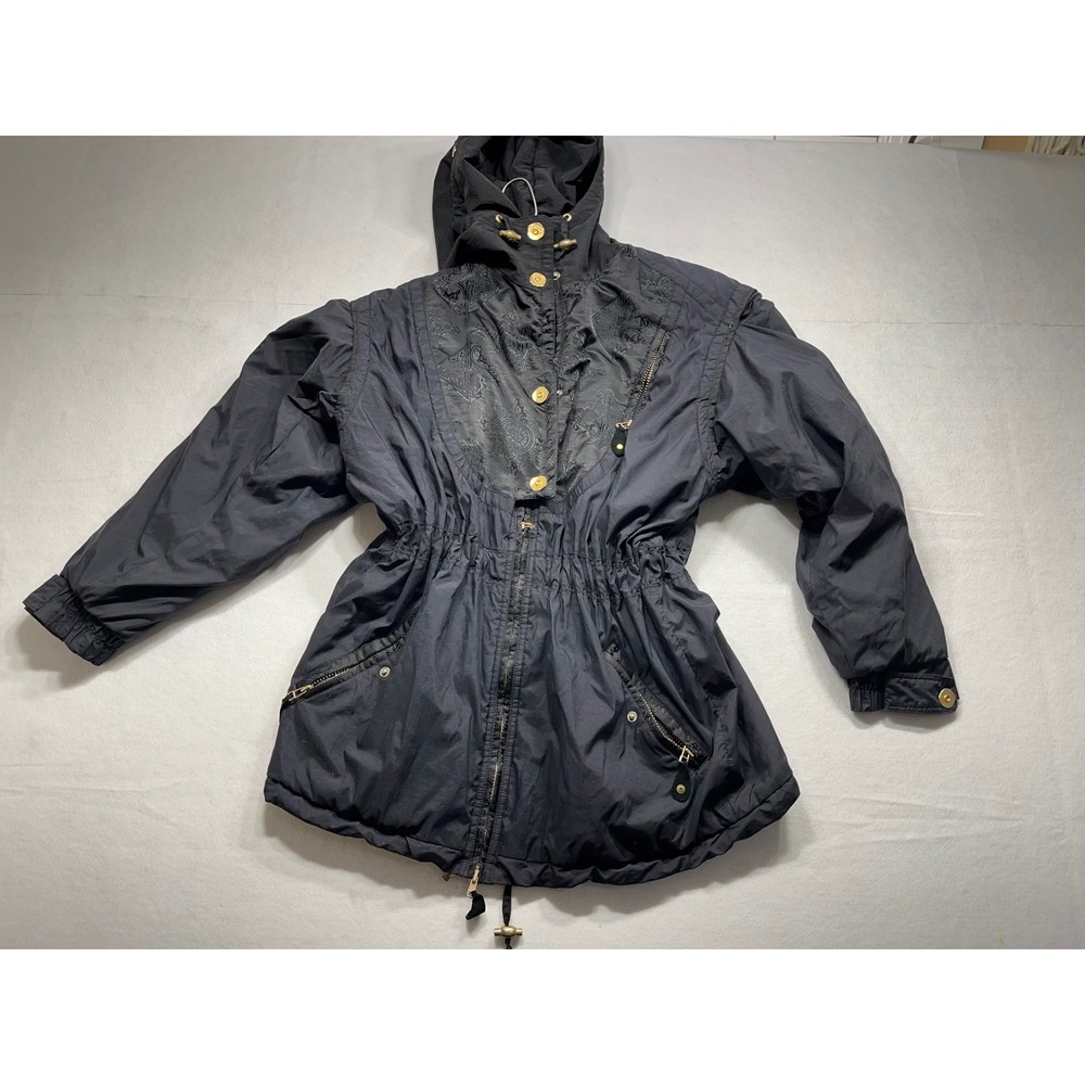 Obermeyer Womens Ski Jacket Black Hooded Embroidered Zip Winter Warm Size 8